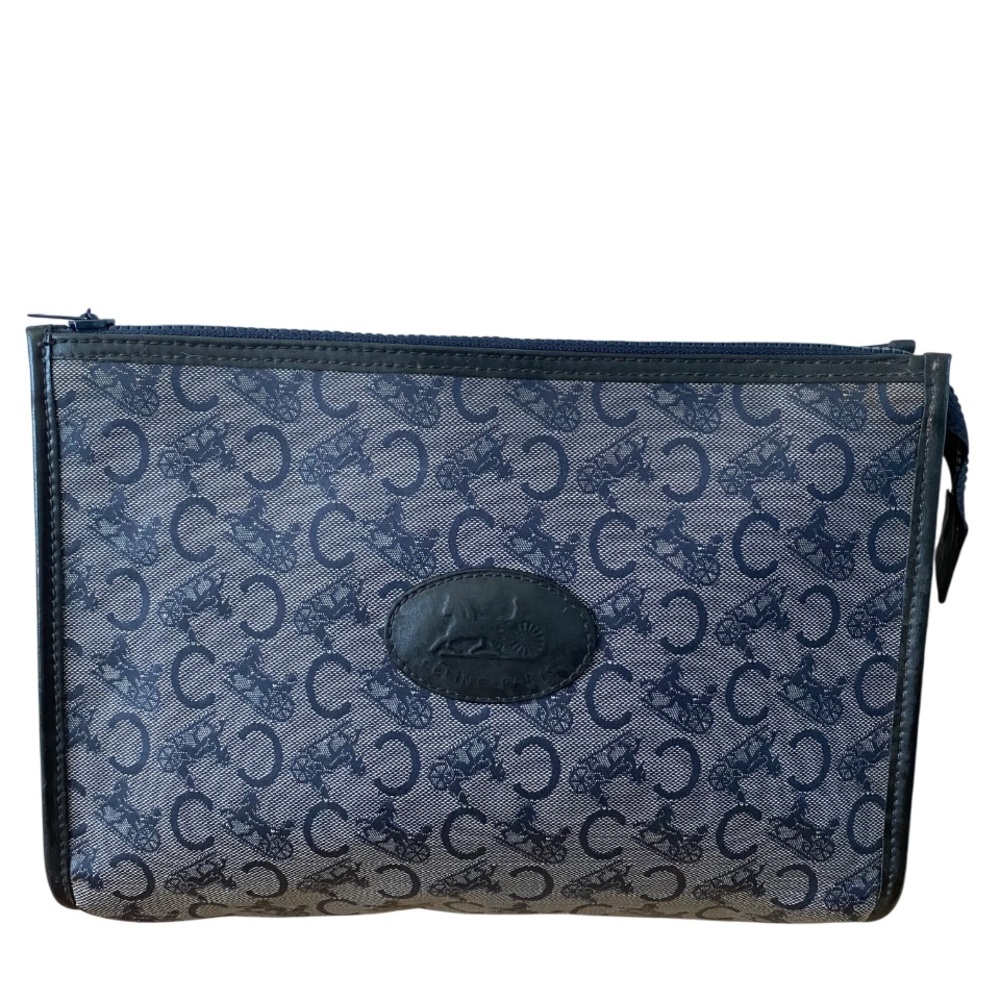 Celine Blue Clutch with Tonal Pattern and Zipper Closure Coated Canvas & Leather